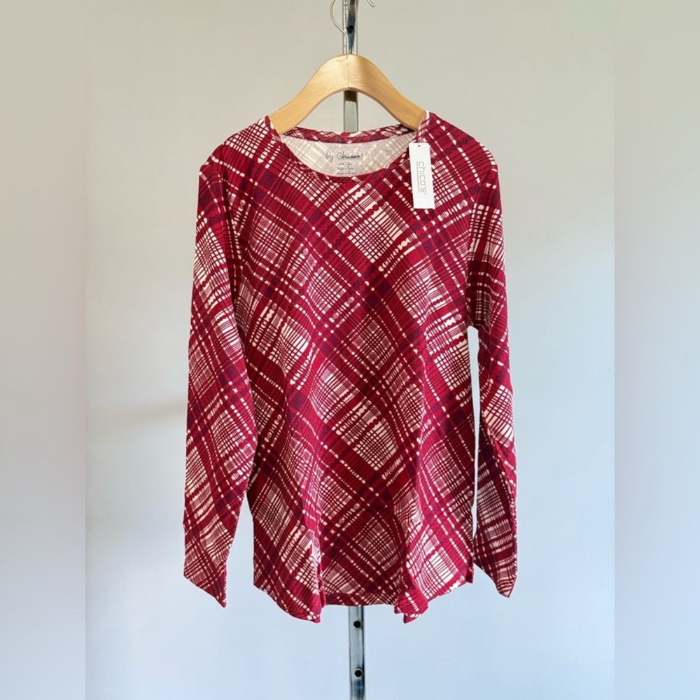 CHICO’S .PLAID PEARL SCOOP NK LONG SLV TEE TOP LS BASIC KNIT EP CHIANTI
SIZE: 1
